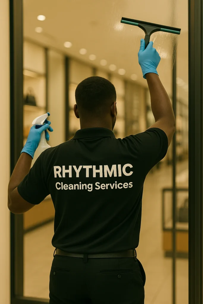 window glass cleaning Central Coast– Rhythmic Cleaning Services team cleaning office windows