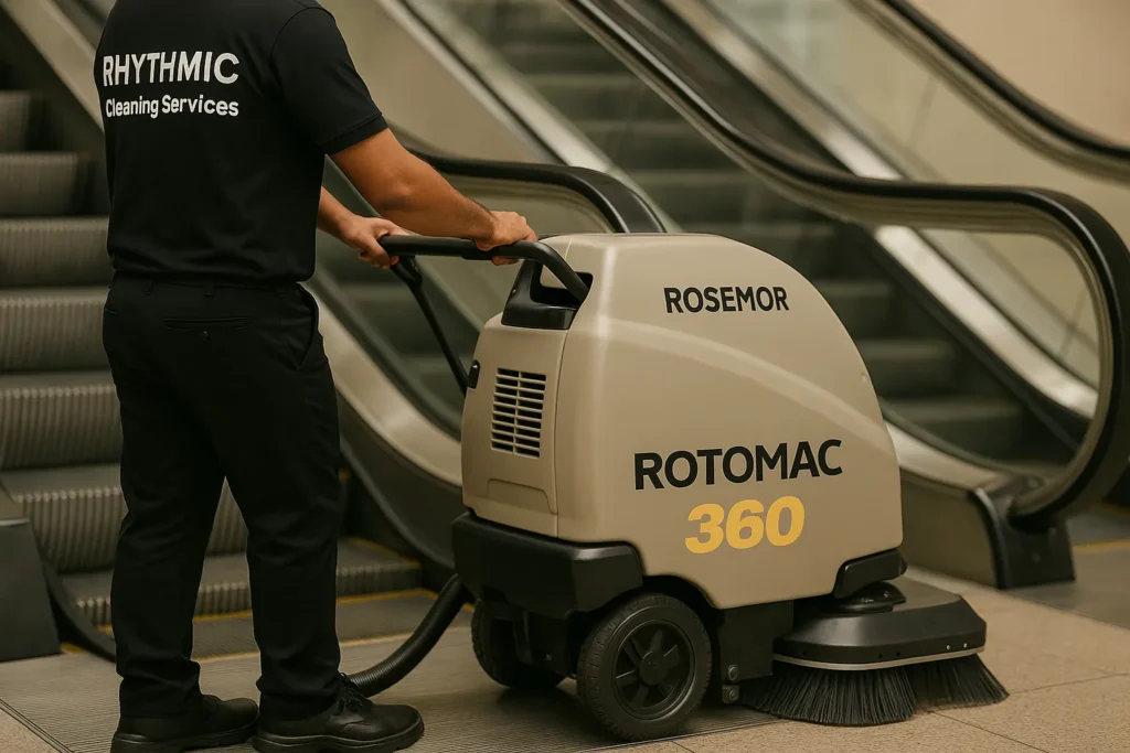 escalator cleaning services Central Coast– Rhythmic Cleaning Services team riding escalator cleaning machine