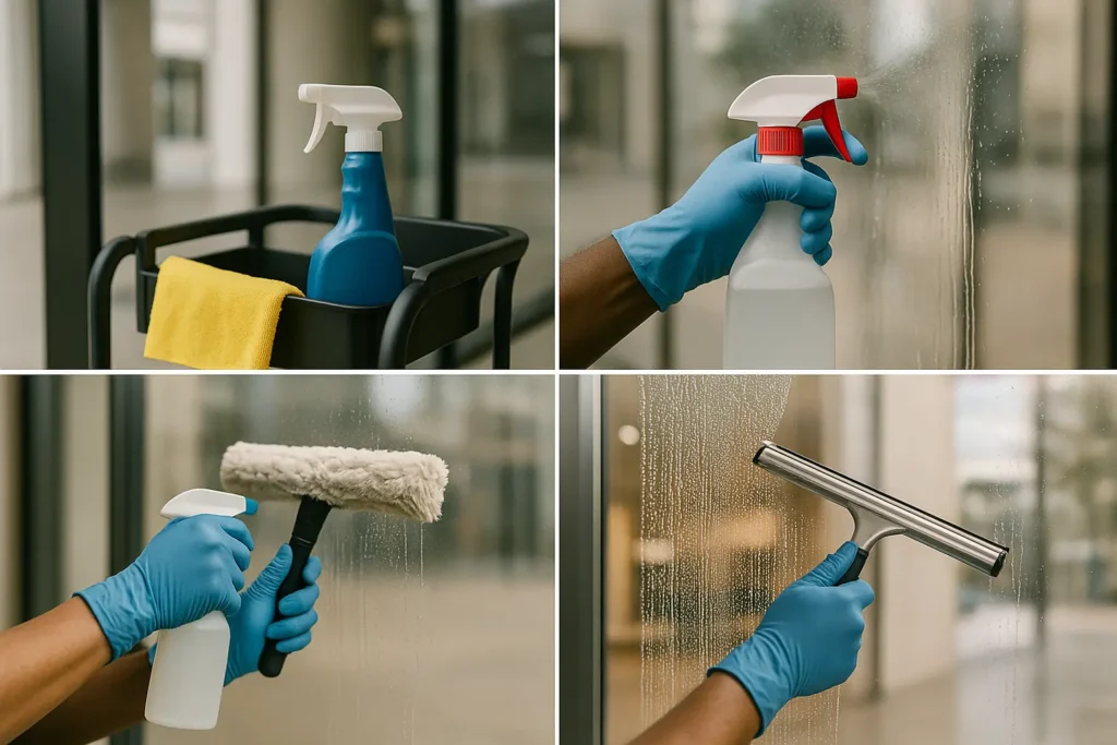 window glass cleaning Central Coast– Rhythmic Cleaning Services team cleaning office windows