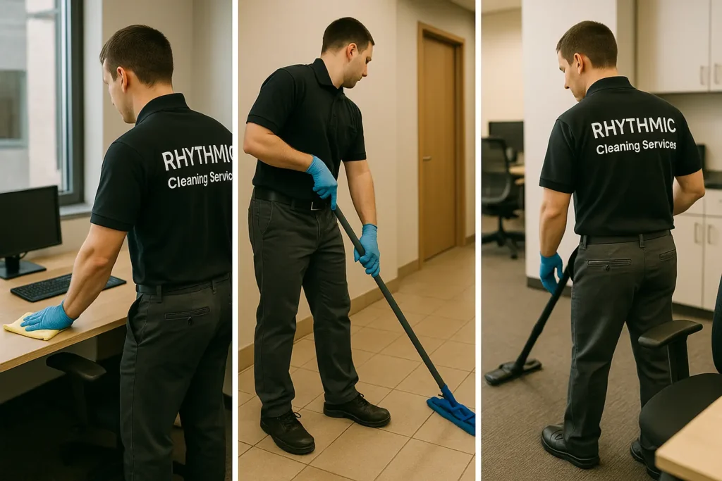 commercial cleaning Central Coast – Rhythmic Cleaning Services team polishing floors